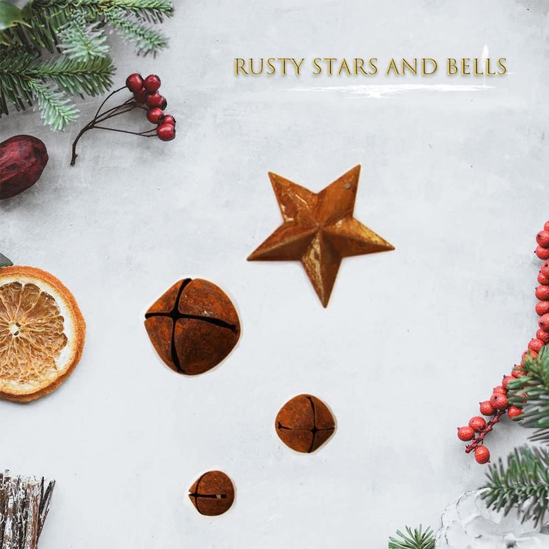 vibnumom Rusty Metal Jingle Bells Kit Supplies Includes 75 Mixed Size Vintage Rusty Bells 20 Rustic Metal Star and Jute Rope Ribbon for Primitive Crafts Christmas Wreath Holiday Home Decoration (Pack of 95) - Image 3